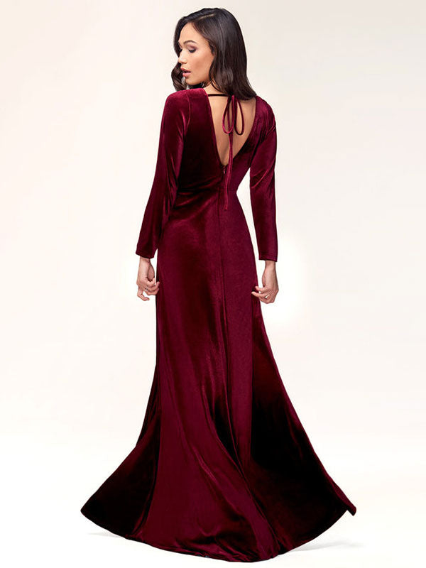 Stunning Burgundy Evening Dress Sheath Long Sleeve V-Neck Velour Social Party Dresses-showprettydress