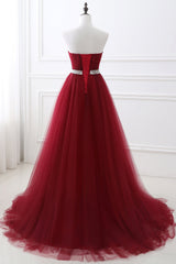 Stunning Burgundy Long A-line Sweetheart Prom Dress Tulle Evening Gown-showprettydress