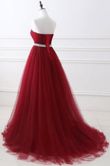 Stunning Burgundy Long A-line Sweetheart Prom Dress Tulle Evening Gown-showprettydress