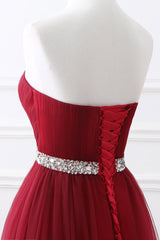 Stunning Burgundy Long A-line Sweetheart Prom Dress Tulle Evening Gown-showprettydress