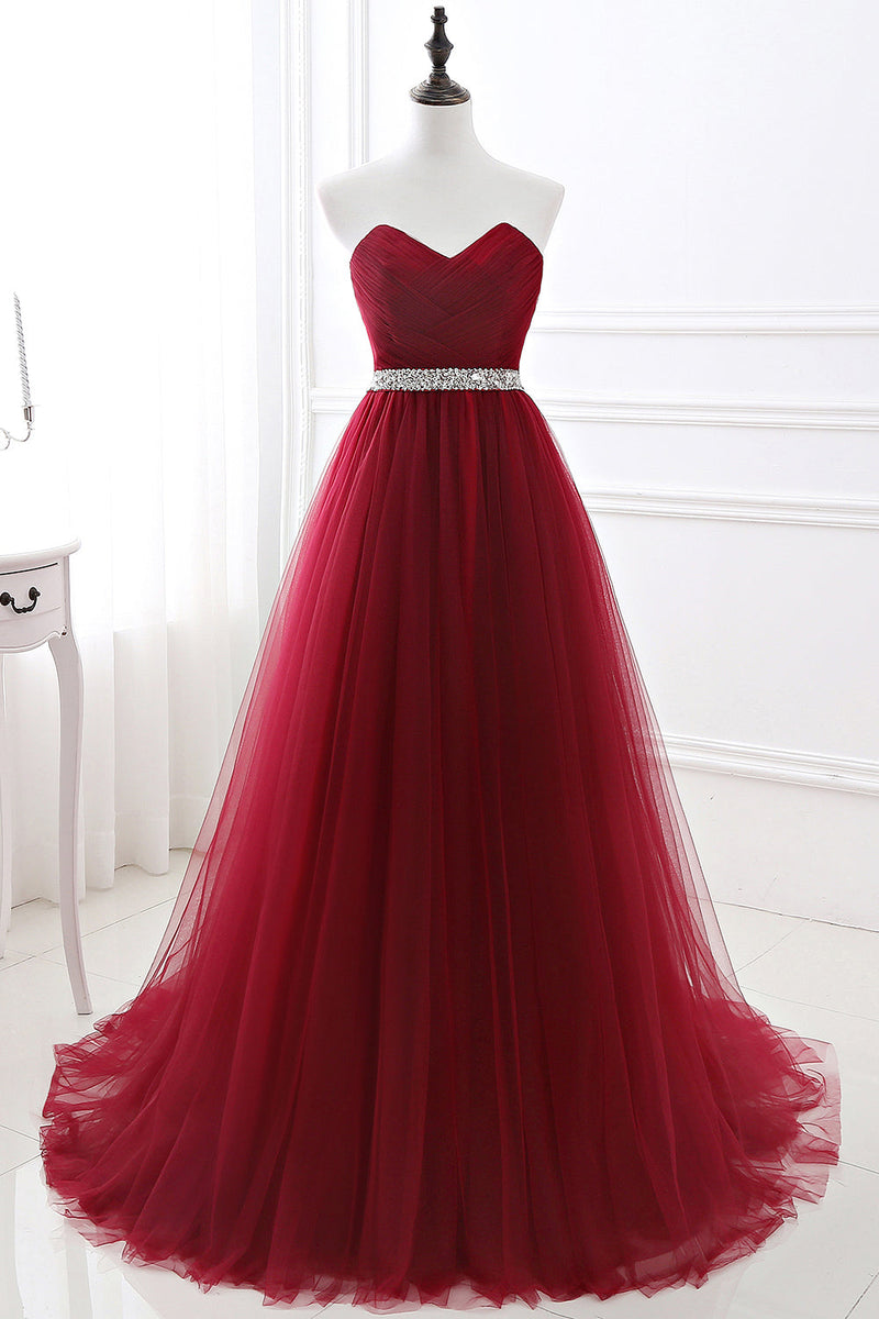 Stunning Burgundy Long A-line Sweetheart Prom Dress Tulle Evening Gown-showprettydress