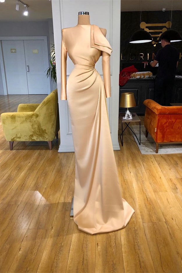 Stunning Champagne Long Sleeves Mermaid High Neck Prom Dress-showprettydress