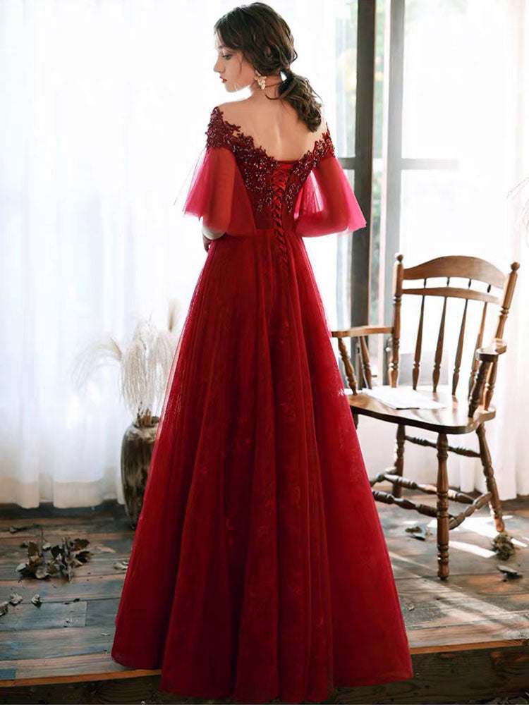 Stunning evening dress Illusion Neckline A Line Half Sleeves Lace Floor Length Tulle Party Dresses-showprettydress