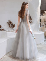 Stunning Evening Dress Light Grey A Line Bateau Neck Floor Length Social Party Dresses Pageant Dress-showprettydress