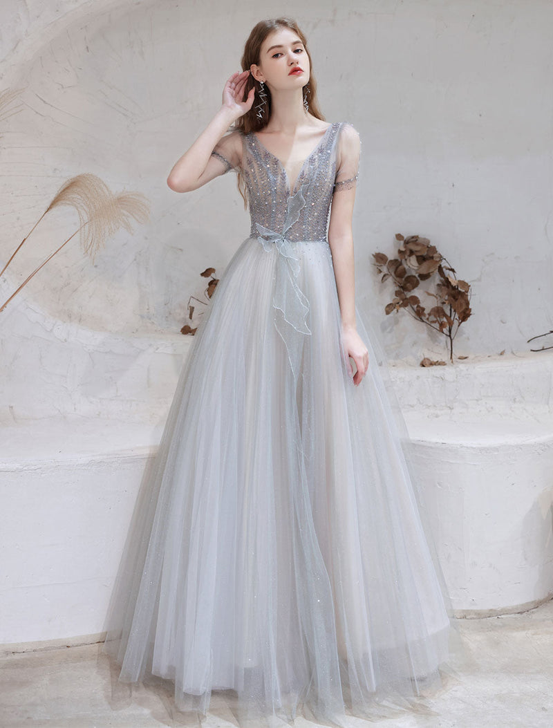 Stunning Evening Dress Light Grey A Line Bateau Neck Floor Length Social Party Dresses Pageant Dress-showprettydress