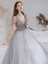 Stunning Evening Dress Light Grey A Line Bateau Neck Floor Length Social Party Dresses Pageant Dress-showprettydress