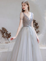 Stunning Evening Dress Light Grey A Line Bateau Neck Floor Length Social Party Dresses Pageant Dress-showprettydress