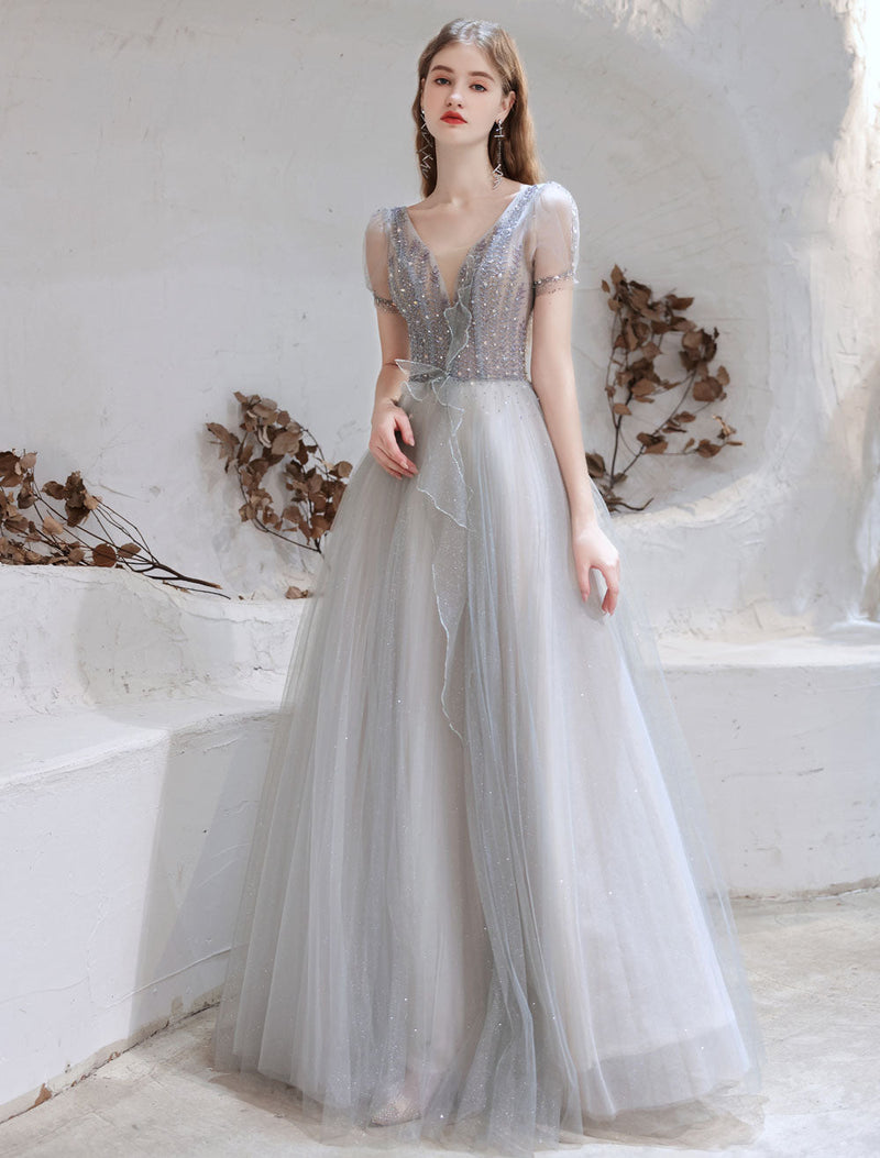 Stunning Evening Dress Light Grey A Line Bateau Neck Floor Length Social Party Dresses Pageant Dress-showprettydress