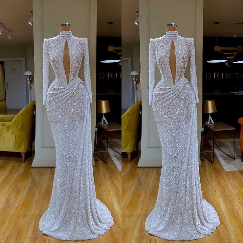 Stunning Long Sleeve Mermaid High Neck Sequins Prom Dress Long Formal Dresses-showprettydress