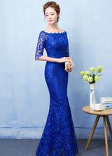 Stunning Mermaid Evening Dress Royal Blue Lace evening dress Off The Shoulder Half Sleeve fishtail Maxi Party Dress wedding guest dress-showprettydress