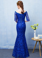 Stunning Mermaid Evening Dress Royal Blue Lace evening dress Off The Shoulder Half Sleeve fishtail Maxi Party Dress wedding guest dress-showprettydress