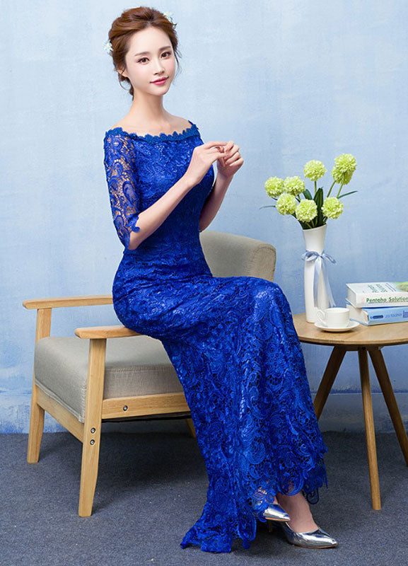 Stunning Mermaid Evening Dress Royal Blue Lace evening dress Off The Shoulder Half Sleeve fishtail Maxi Party Dress wedding guest dress-showprettydress