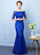 Stunning Mermaid Evening Dress Royal Blue Lace evening dress Off The Shoulder Half Sleeve fishtail Maxi Party Dress wedding guest dress-showprettydress