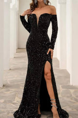 Stunning Off The Shoulder Black Prom Dress Sequined Front-Split Evening Gowns With Long Sleeves-showprettydress