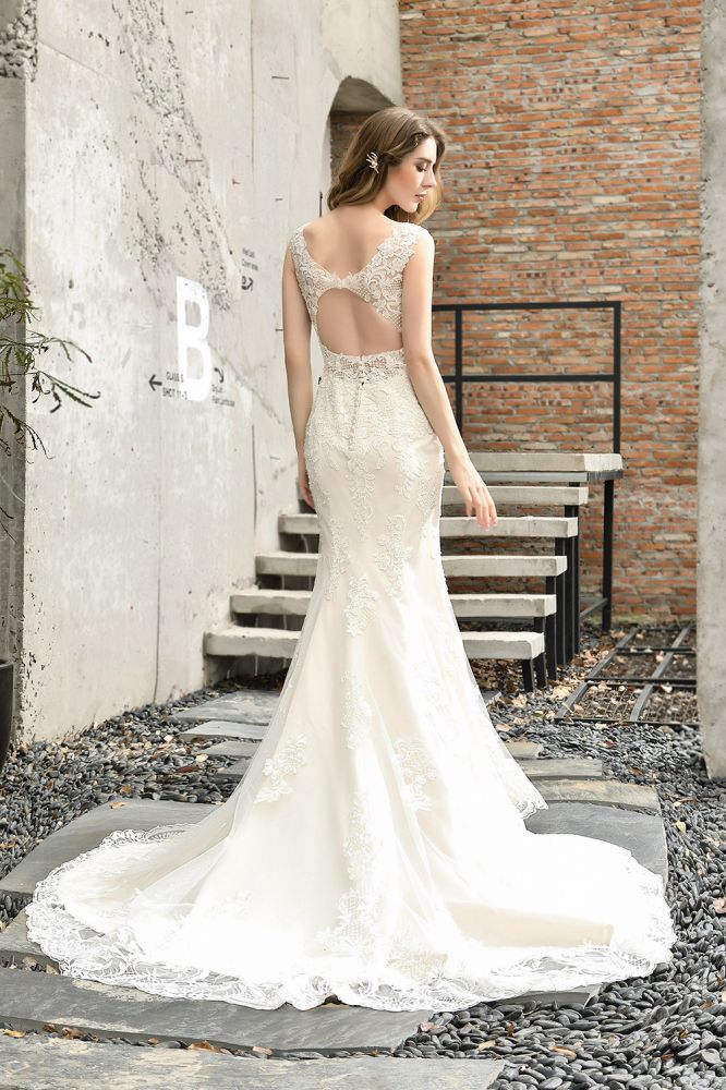 Stunning Sleeveless Fit and flare Lace Open Back Summer Beach Wedding Dress-showprettydress