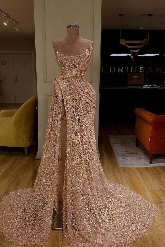 Stunning Strapless Sequins Long Mermaid Prom Dress With Slit-showprettydress