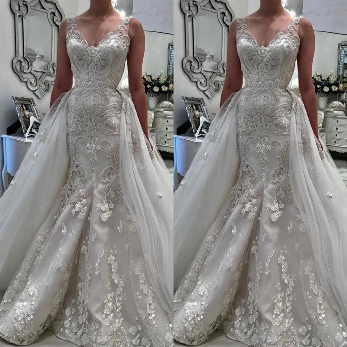 Stunning V Neck Sleeveless Ruffless Lace Appliques Wedding Bridal Gowns-showprettydress