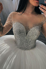 Stylish Glitter Sequins Aline Ball Gown Long Sleevess Bridal Gown-showprettydress