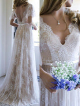 Summer Champange V neck Cap sleeveles Lace Beach Wedding Dress-showprettydress