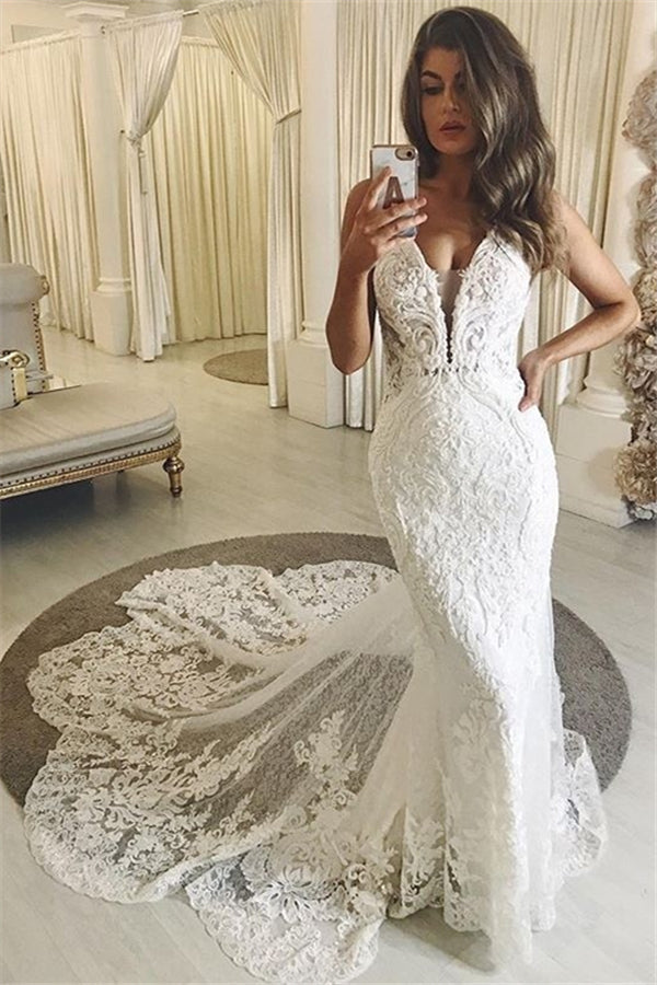 Summer V neck White Column Court Train Wedding Dress-showprettydress