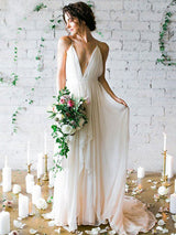 Sweep Train A Line Sleeveless Ruffless Chiffon Spaghetti Straps Wedding Dresses-showprettydress