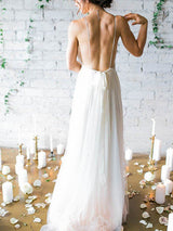 Sweep Train A Line Sleeveless Ruffless Chiffon Spaghetti Straps Wedding Dresses-showprettydress