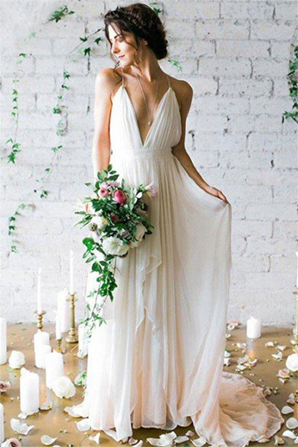 Sweep Train A Line Sleeveless Ruffless Chiffon Spaghetti Straps Wedding Dresses-showprettydress