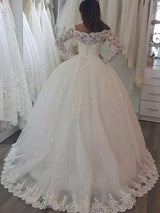 Sweep Train Applique Ball Gown Off the Shoulder Lace Long Sleevess Wedding Dresses-showprettydress