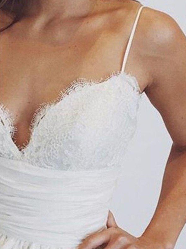 Sweep Train Ball Gown Sleeveless Ruched Satin Spaghetti Straps Wedding Dresses-showprettydress
