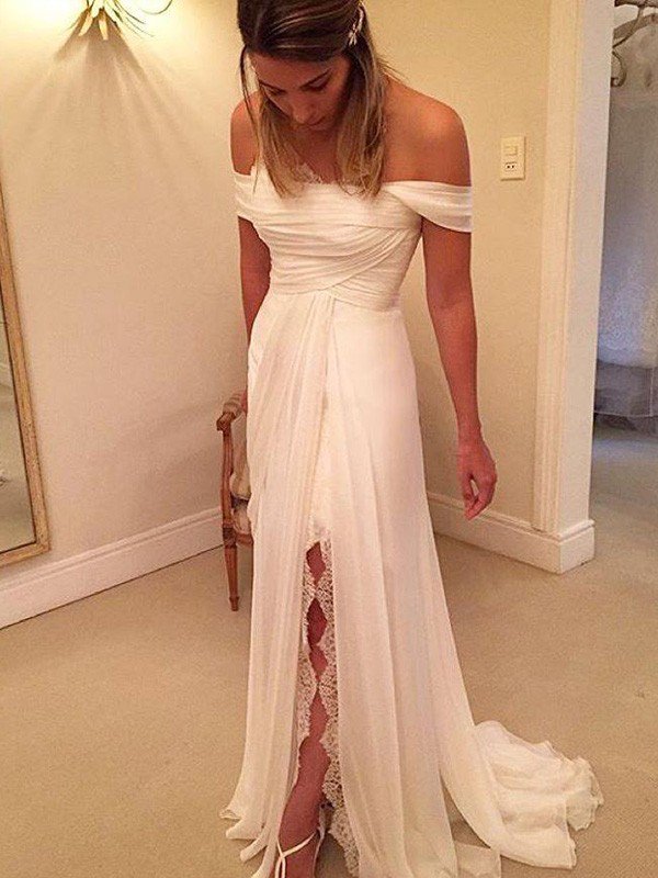 Sweep Train Chiffon A Line Ruffless Off the Shoulder Sleeveless Wedding Dresses-showprettydress