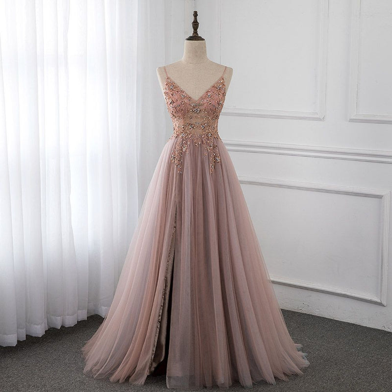 Sweetheart Crystal Prom Dresses Straps Spaghetti Tulle Evening Gown Split Side-showprettydress