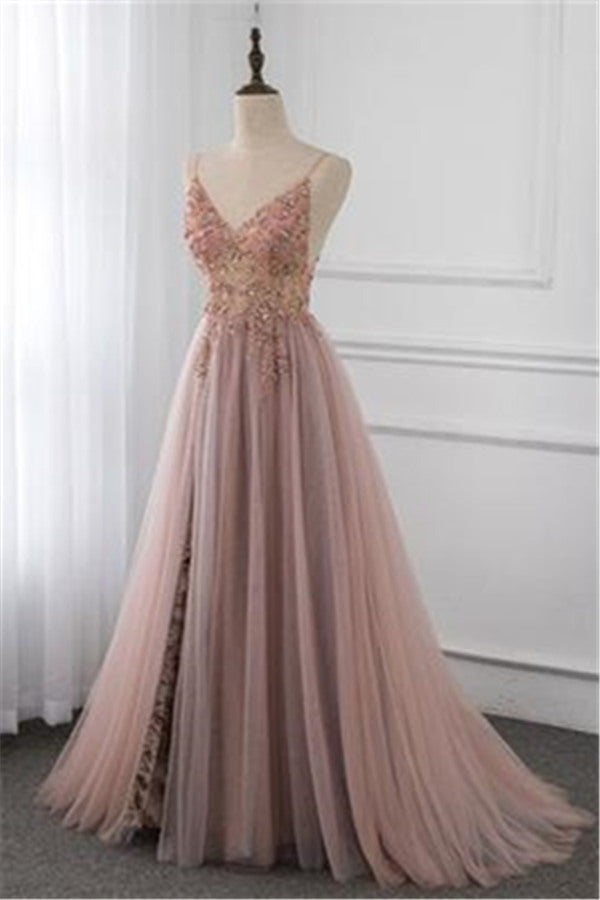 Sweetheart Crystal Prom Dresses Straps Spaghetti Tulle Evening Gown Split Side-showprettydress