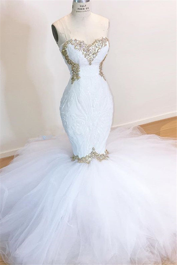 Sweetheart Sleeveless Lace Tulle Appliques Sequins Mermaid Wedding Bridal Gowns-showprettydress