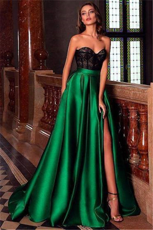 Sweetheart Sleeveless Satin Floor length Evening Gown Side Slit-showprettydress