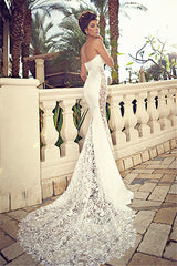 Sweetheart White Lace Wedding Dresses Mermaid Zipper Sleeveless Bridal Dresses-showprettydress