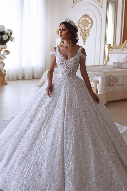 Traditional Ball Gown V neck Cold Shoulder White Lace Wedding Dress-showprettydress