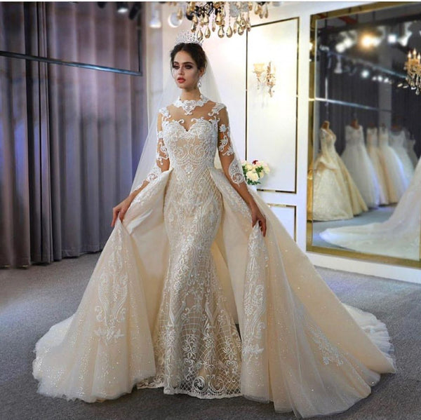 Trendy High neck Mermaid Lace Ivory Wedding Dress with Overskirt-showprettydress