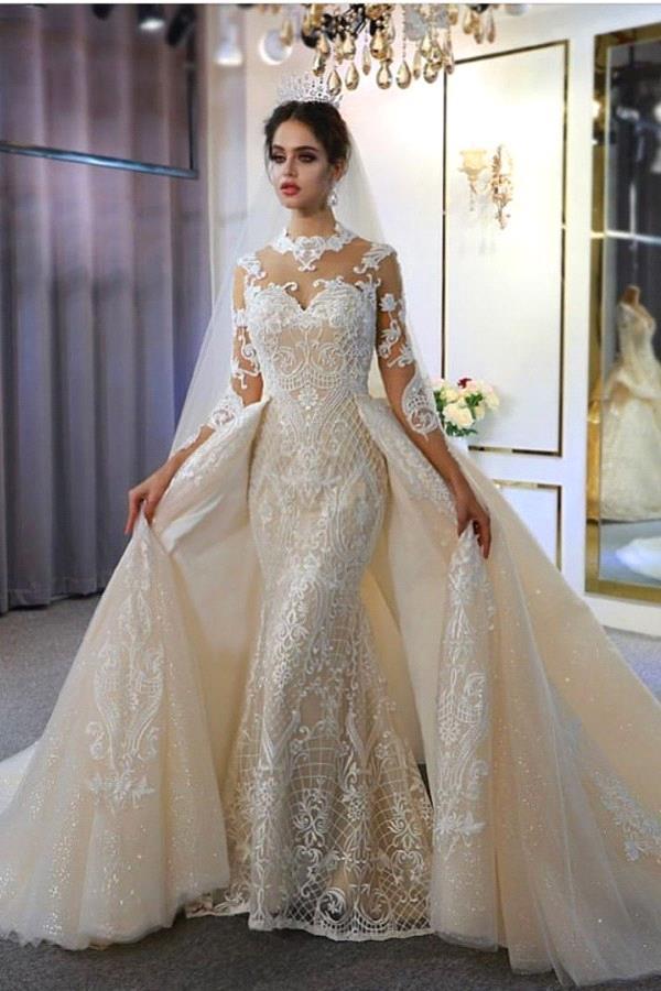 Trendy High neck Mermaid Lace Ivory Wedding Dress with Overskirt-showprettydress