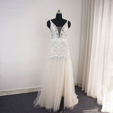 Trendy Ivory Sleeveless Lace Tulle High split A line Wedding Dress-showprettydress