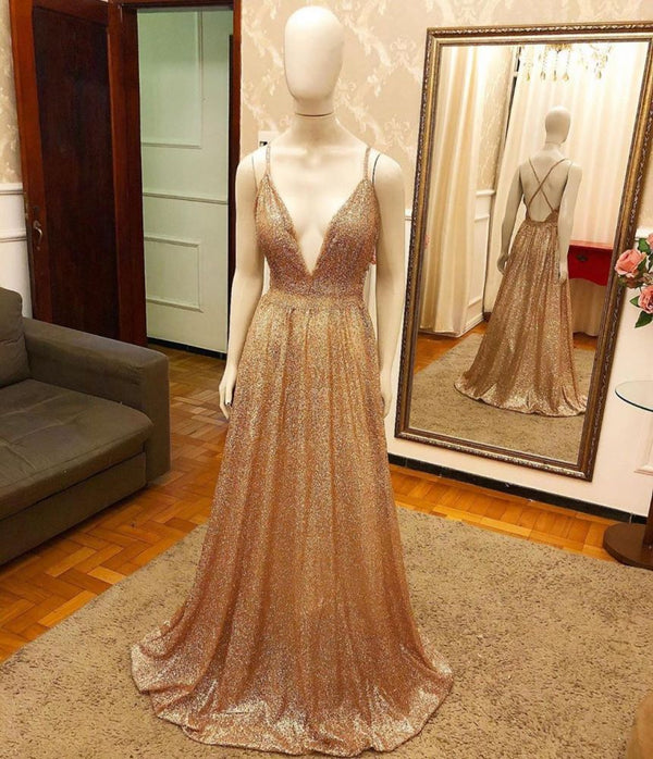 Trendy New Arrival Pluging V-neck Golden Sparkle Prom Party Gowns with Criss-cross Back-showprettydress