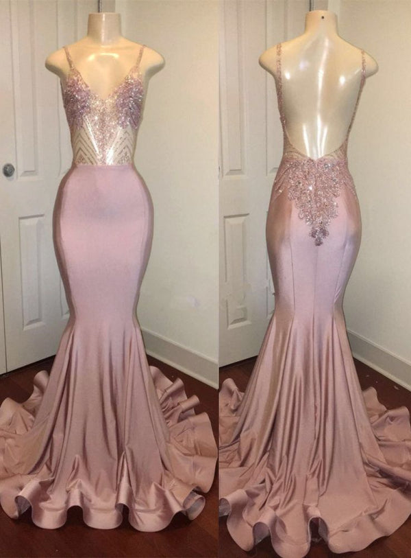 Trendy Pink Beads Spaghetti Strap Prom Party Gowns| Mermaid Prom Party Gowns-showprettydress