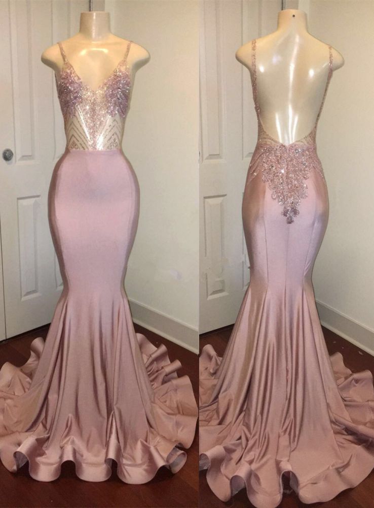 Trendy Pink Beads Spaghetti Strap Prom Party Gowns| Mermaid Prom Party Gowns-showprettydress