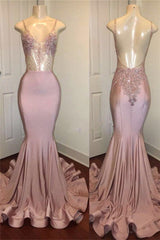 Trendy Pink Beads Spaghetti Strap Prom Party Gowns| Mermaid Prom Party Gowns-showprettydress