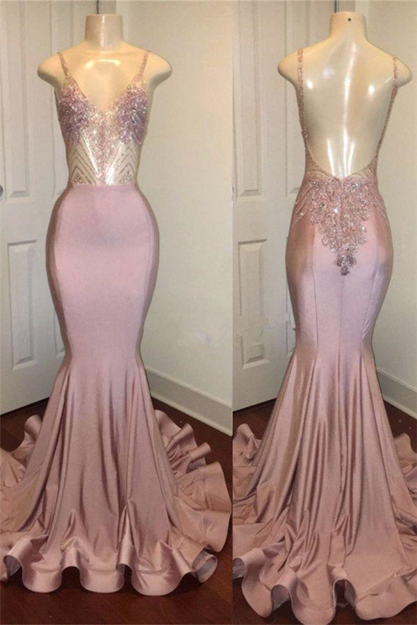 Trendy Pink Beads Spaghetti Strap Prom Party Gowns| Mermaid Prom Party Gowns-showprettydress