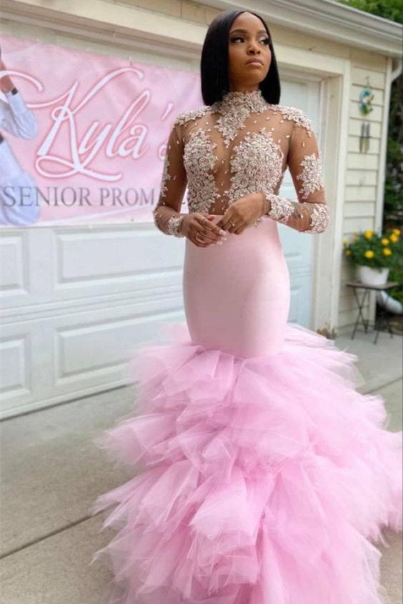 Trendy Pink Illusion neck Long Sleeves Mermaid Ruffles Prom Dresses-showprettydress