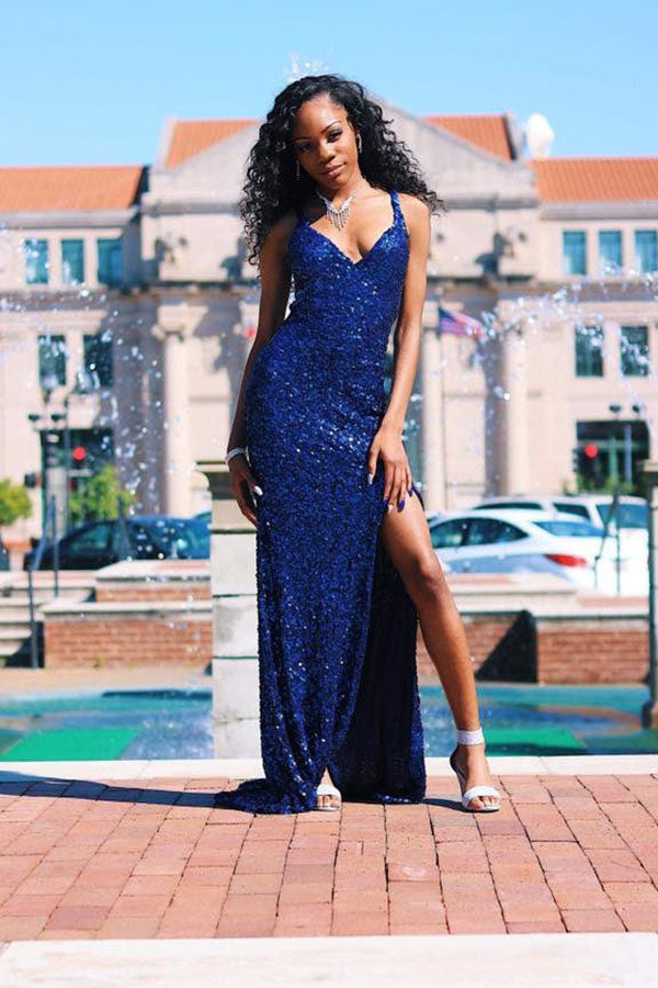 Trendy Royal Blue Spaghetti Strap V-neck Sequined Prom Party Gowns with Chic high Slit-showprettydress