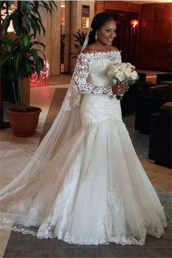 Tulle Floor Length Mermaid Off the Shoulder Long Sleevess Lace Wedding Dresses-showprettydress