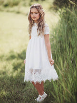 Tulle Jewel Neck Short Sleeves Short A-line Kids Party Dresses-showprettydress