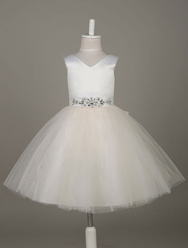 Tulle Satin V Neck Tutu Dress Ivory Beading Waist Sleeveless A-line Dinner Dress With Sash-showprettydress