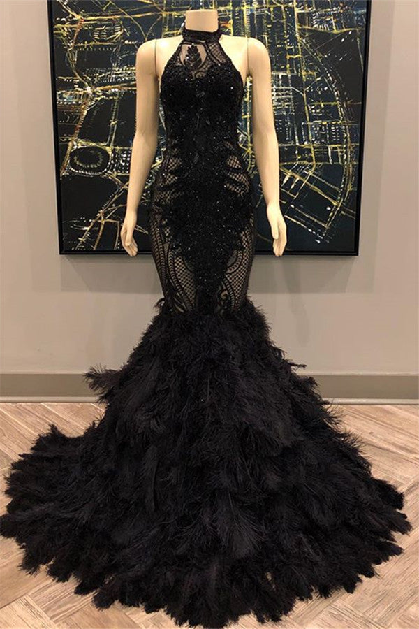 Unique Lace Appliques Halter Feather Prom Dresses Sleeveless Alluring Fit and Flare Evening Gowns-showprettydress